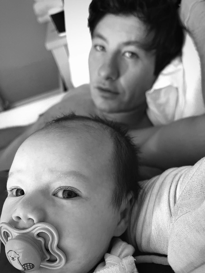 A black and white picture of Barry Keoghan with his son Brando