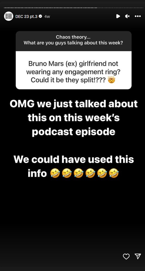 DeuxMoi's Instagram story where a tipster mentioned about Bruno Mars and Jessica Caban's alleged split