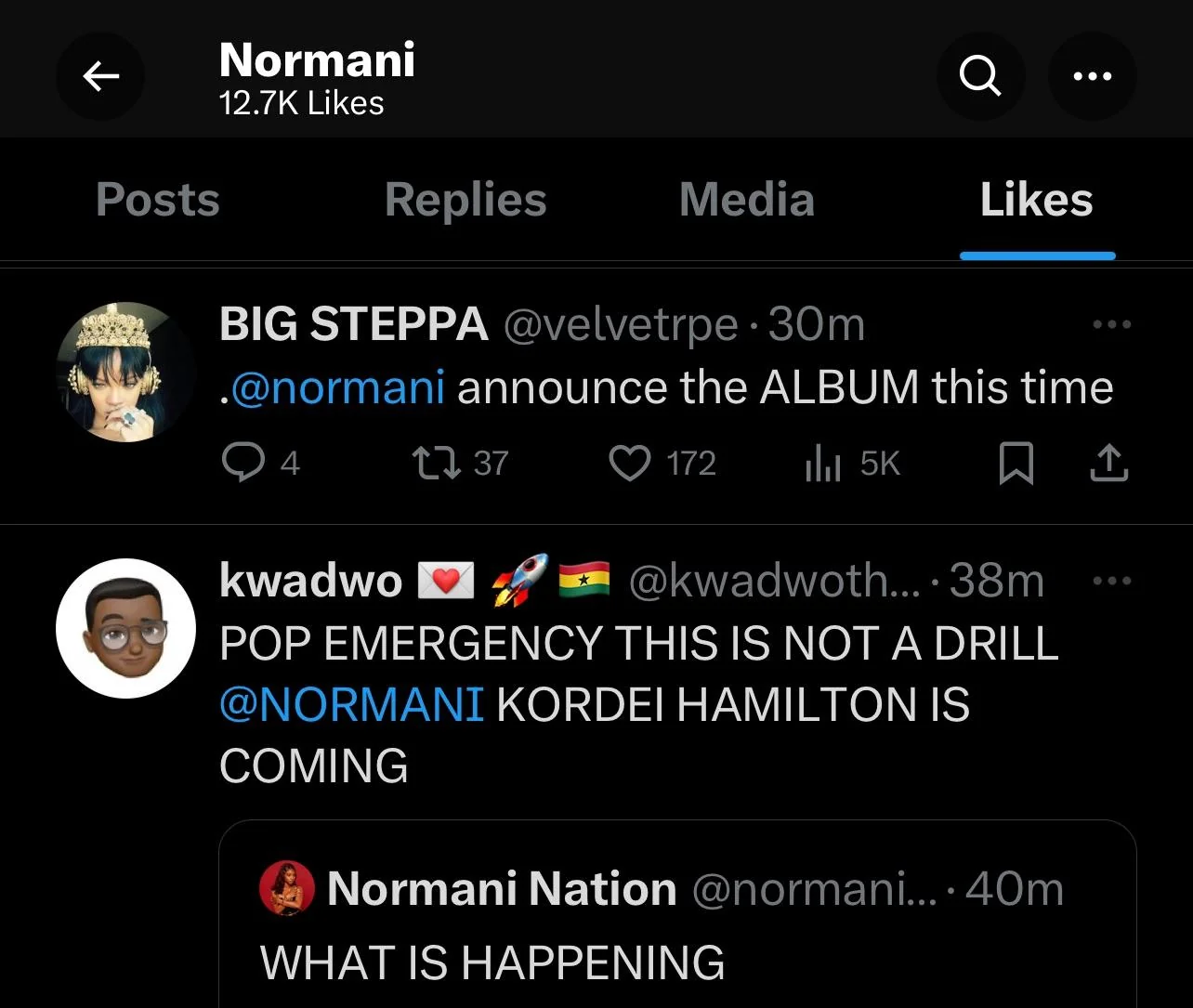 A screenshot of Normani's Twitter profile showing her "Likes" section