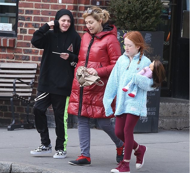 Edie Falco with her teenagers