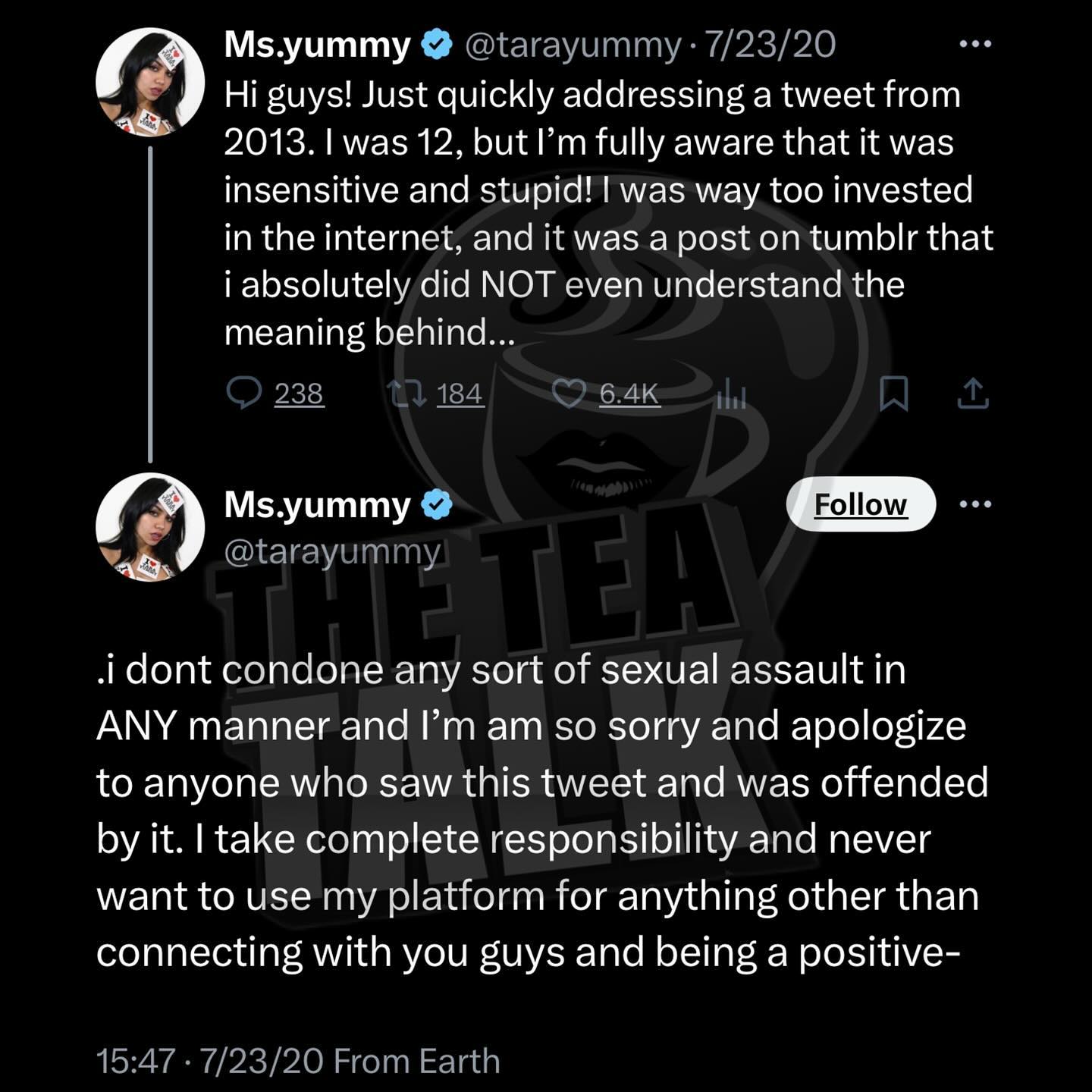 Tara Yummy's apology post that she made in July 2020
