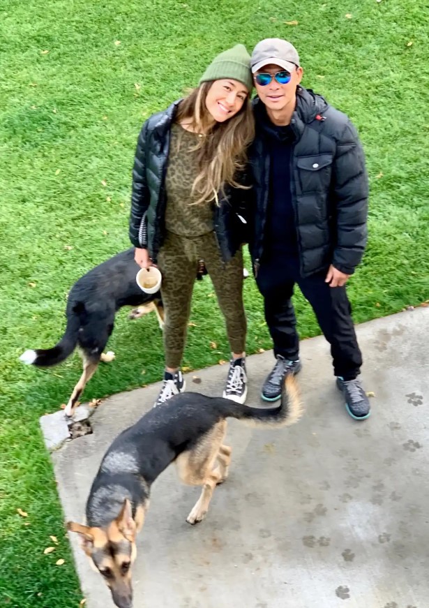 Maggie Q with her husband, Curtis Macnguyen, and their dogs