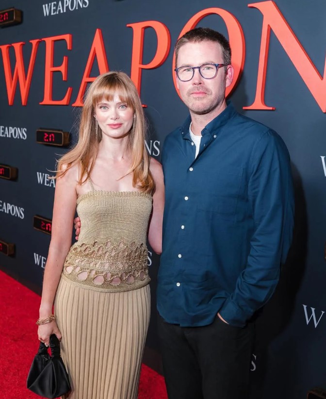 Zach Cregger with his longtime girlfriend turned wife, Sara Paxton, at the premiere of 'Weapons.'