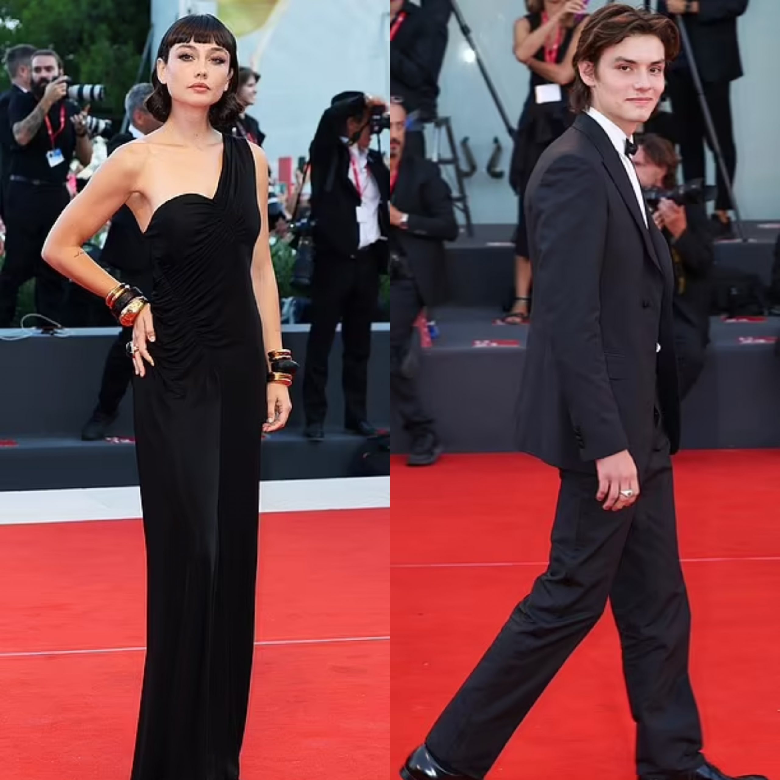 A collage of Sydney Chandler and Louis Partridge at the premiere of 'Don't Worry Darling'