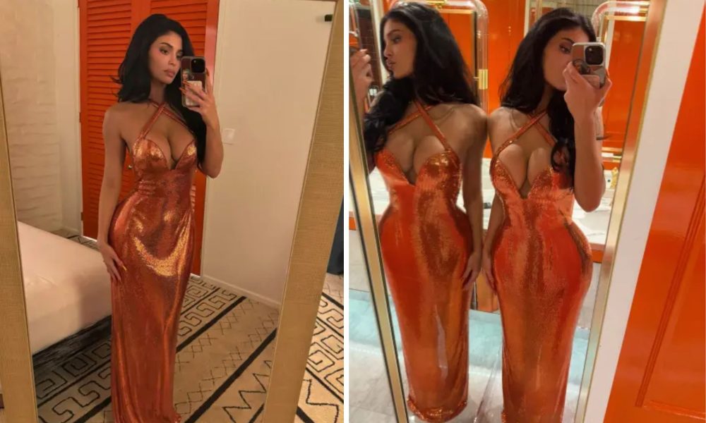 Kylie Jenner Rocks Orange Gown Gold Bikini in Palm Springs