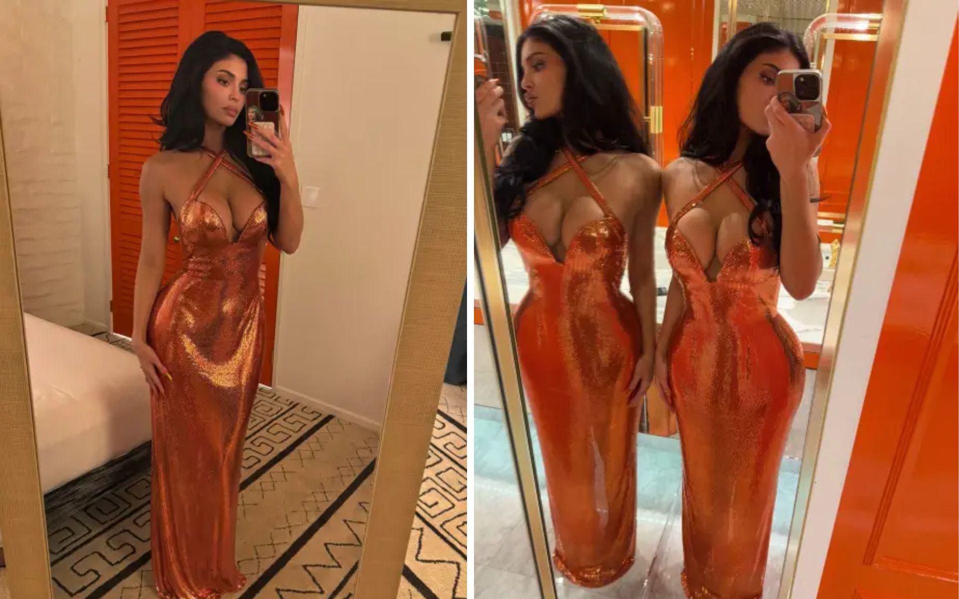 Kylie Jenner Rocks Orange Gown Gold Bikini in Palm Springs